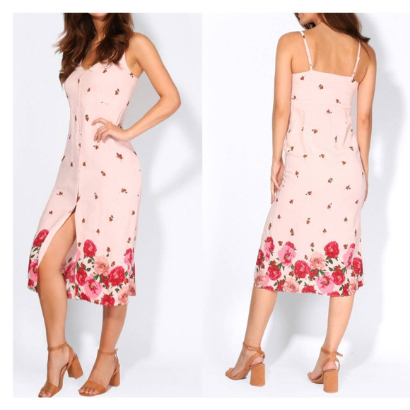 NWT Topshop Button Front Slip Midi‎ Dress in Pink Nude Rose Floral, Size 10 - Picture 3 of 11